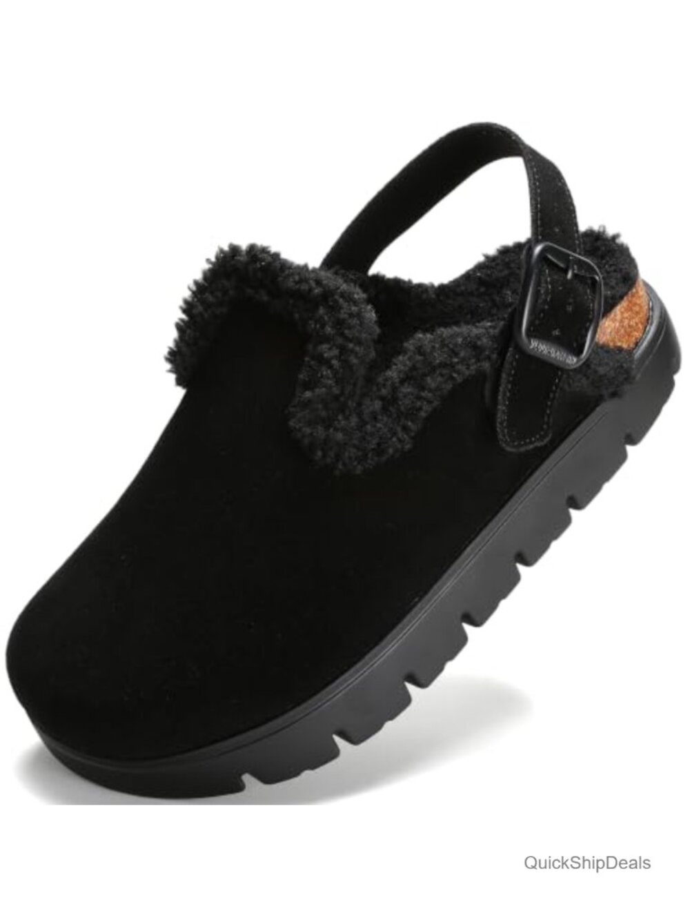Shearling Lined Platform Clogs Adjustable Back Strap Waterproof Suede Slip On